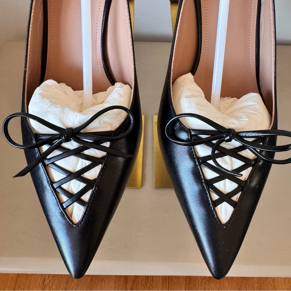 Malone Souliers Trudie Slingback Pumps Black Nappa Laced Pointed Toe EU 38 NWT
